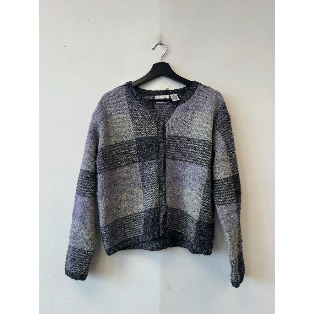 Vintage Paul Harris Design Sweater Womens Medium Gray Plaid Button Cardigan‎ 90s